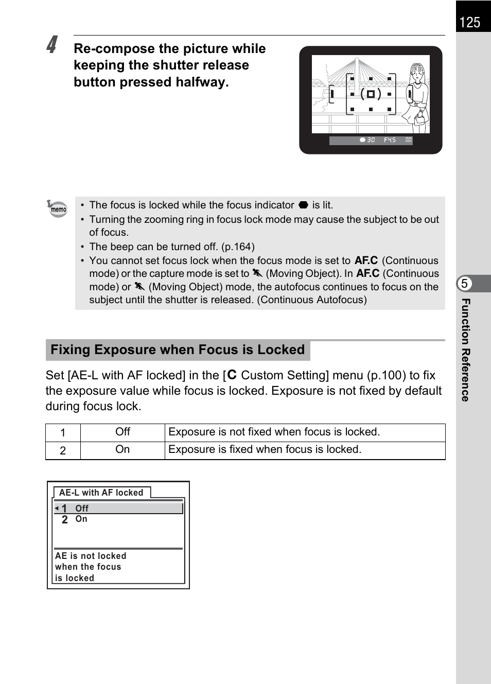 P.125, Fixing exposure when focus is locked | Pentax IST DS2 User Manual | Page 127 / 212