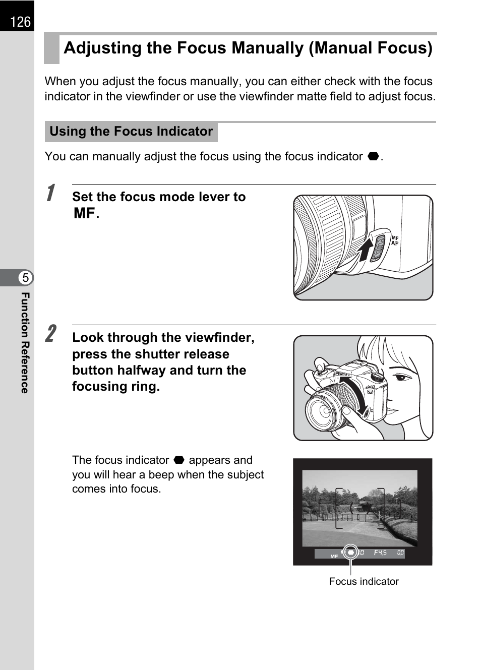 Adjusting the focus manually (manual focus), P.126), P.126 | Pentax IST DS2 User Manual | Page 128 / 212