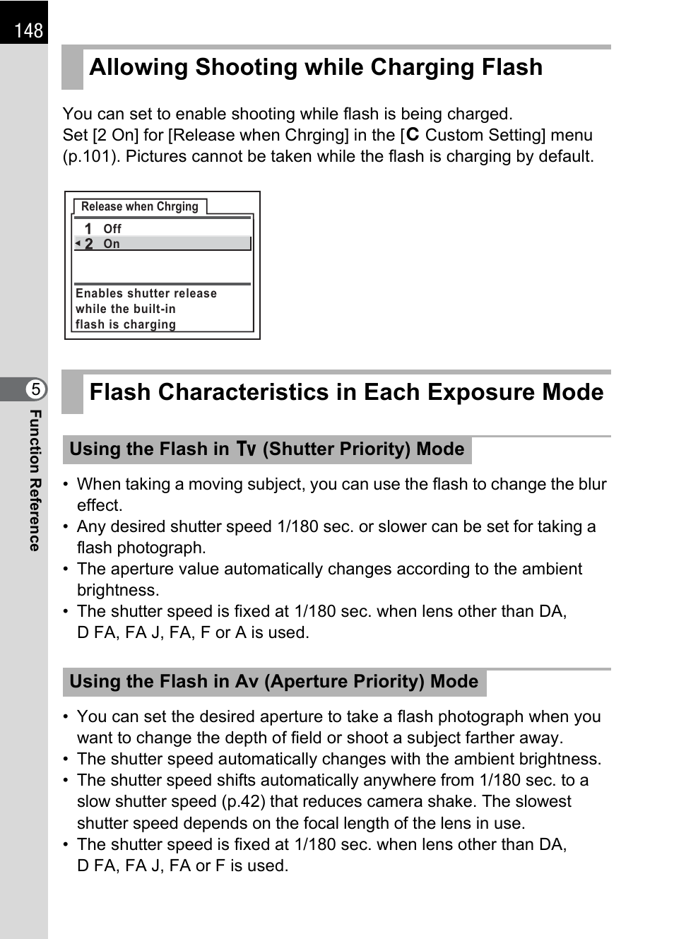 Allowing shooting while charging flash, Flash characteristics in each exposure mode, P.148) | P.148 | Pentax IST DS2 User Manual | Page 150 / 212