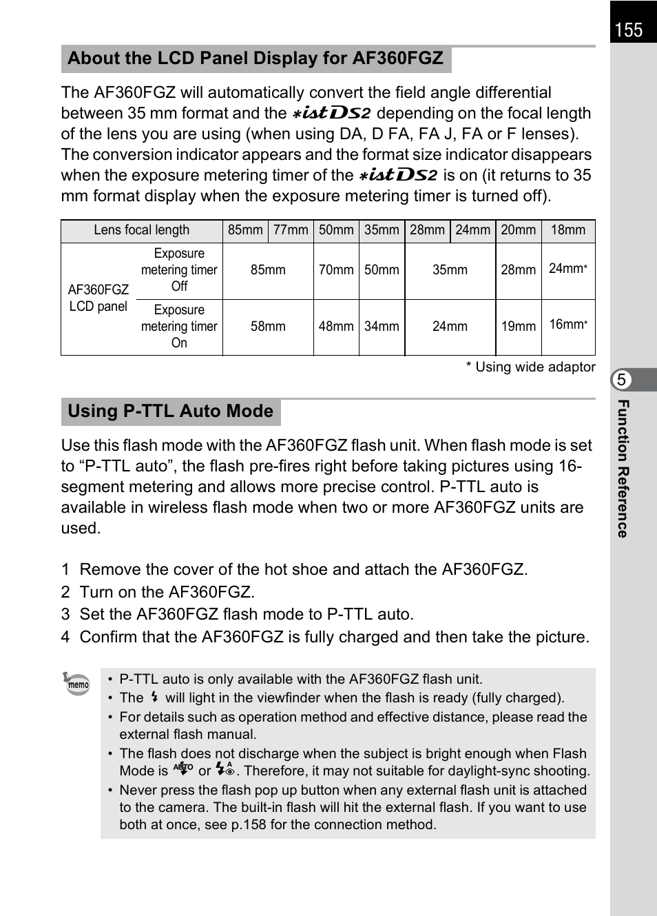 About the lcd panel display for af360fgz, Using p-ttl auto mode | Pentax IST DS2 User Manual | Page 157 / 212