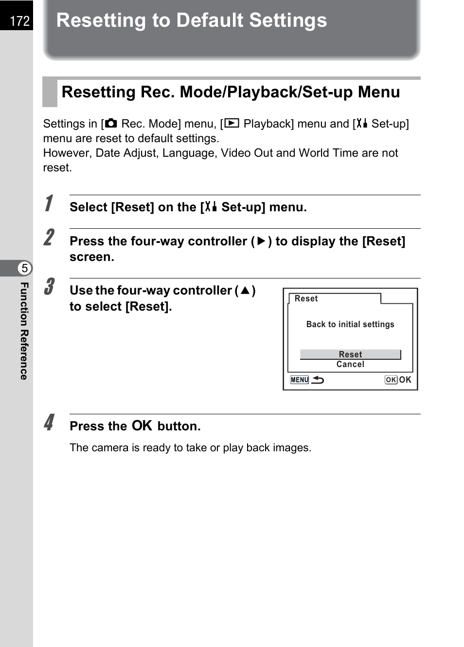 Resetting to default settings, Resetting rec. mode/playback/set-up menu, P.172 | Pentax IST DS2 User Manual | Page 174 / 212