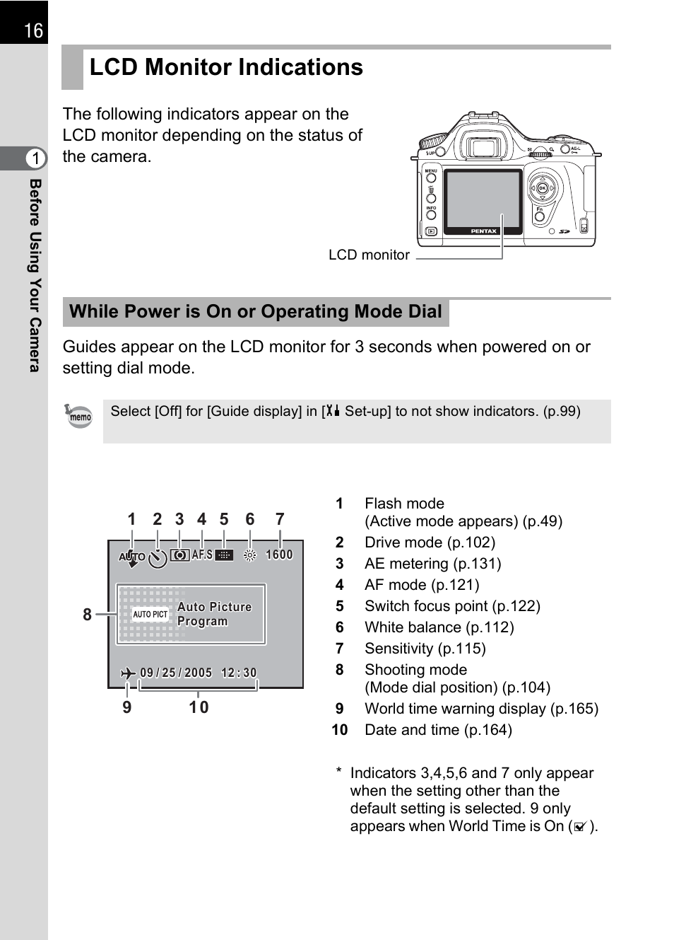 Lcd monitor indications, While power is on or operating mode dial | Pentax IST DS2 User Manual | Page 18 / 212