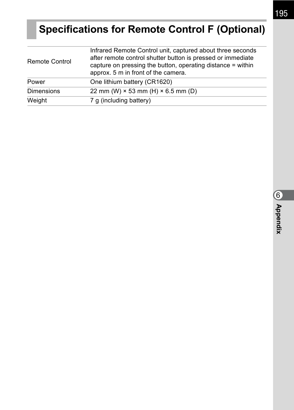 Specifications for remote control f (optional) | Pentax IST DS2 User Manual | Page 197 / 212