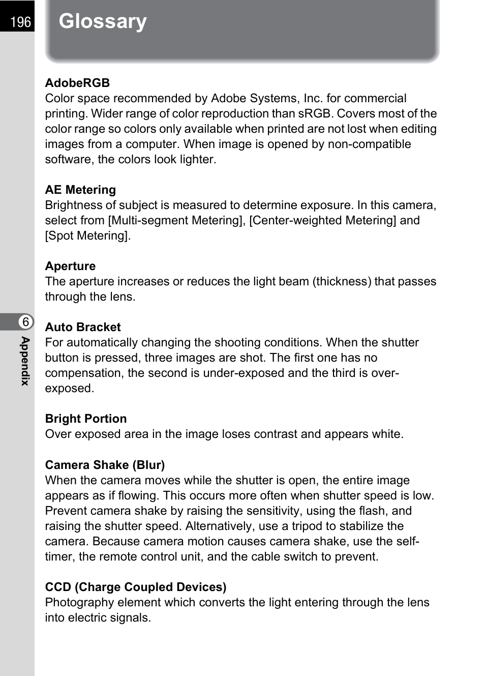 Glossary | Pentax IST DS2 User Manual | Page 198 / 212