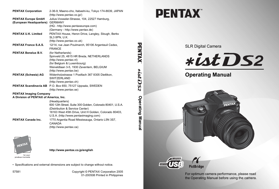 Operating manual, Opera ting m anual, Slr digital camera | Pentax IST DS2 User Manual | Page 212 / 212