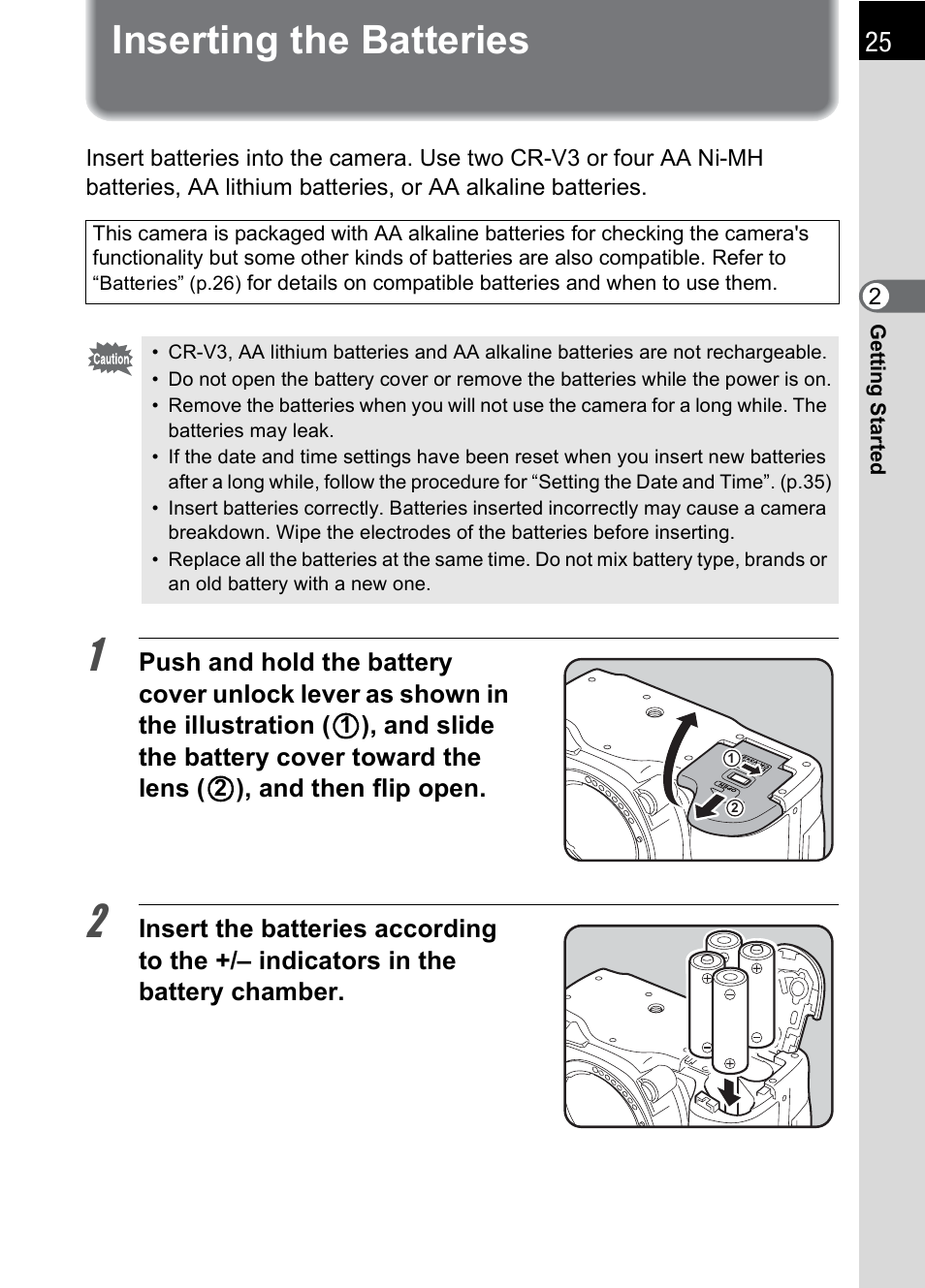 Inserting the batteries | Pentax IST DS2 User Manual | Page 27 / 212