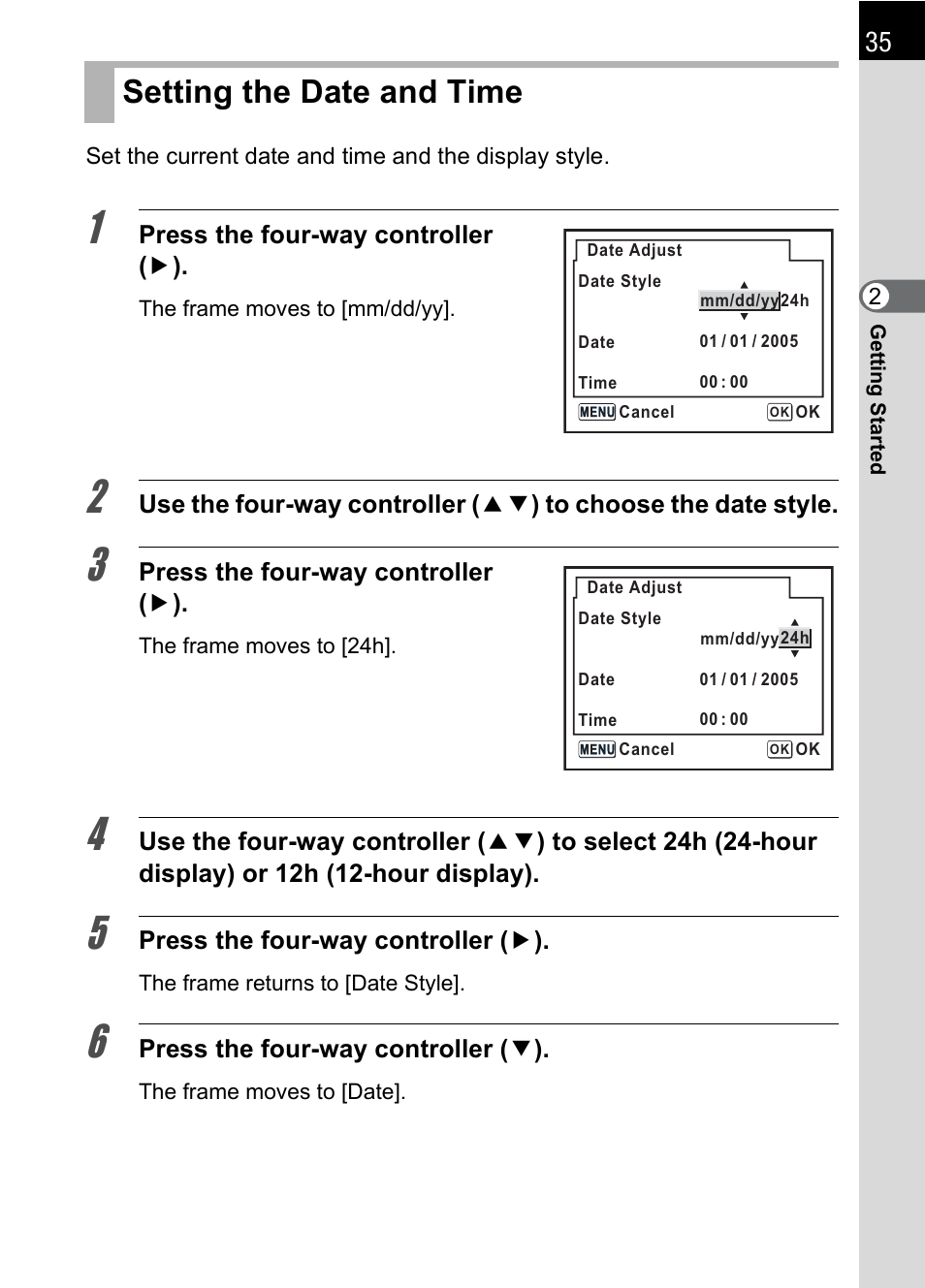 Setting the date and time, P.35) | Pentax IST DS2 User Manual | Page 37 / 212