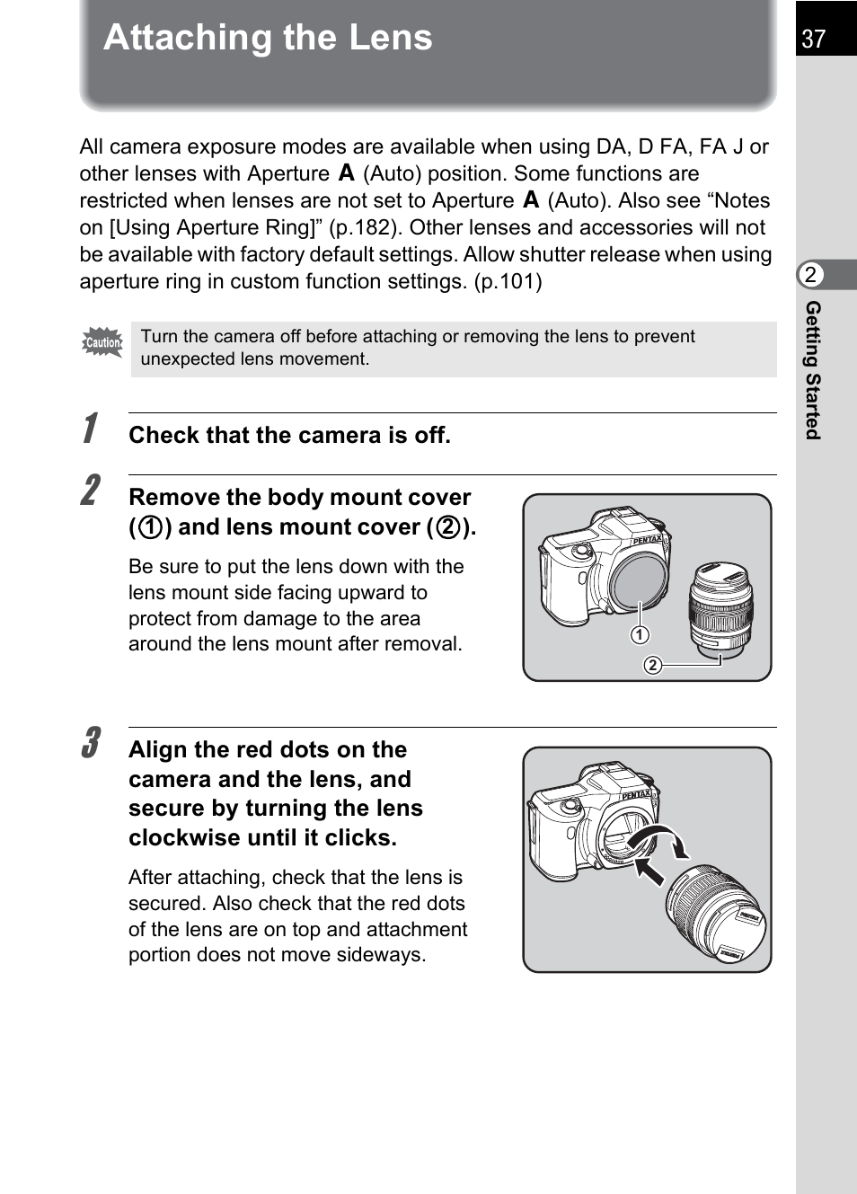 Attaching the lens | Pentax IST DS2 User Manual | Page 39 / 212