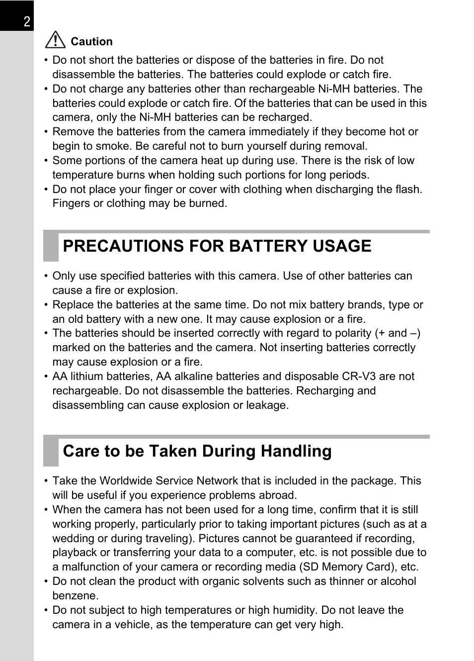 Precautions for battery usage, Care to be taken during handling | Pentax IST DS2 User Manual | Page 4 / 212