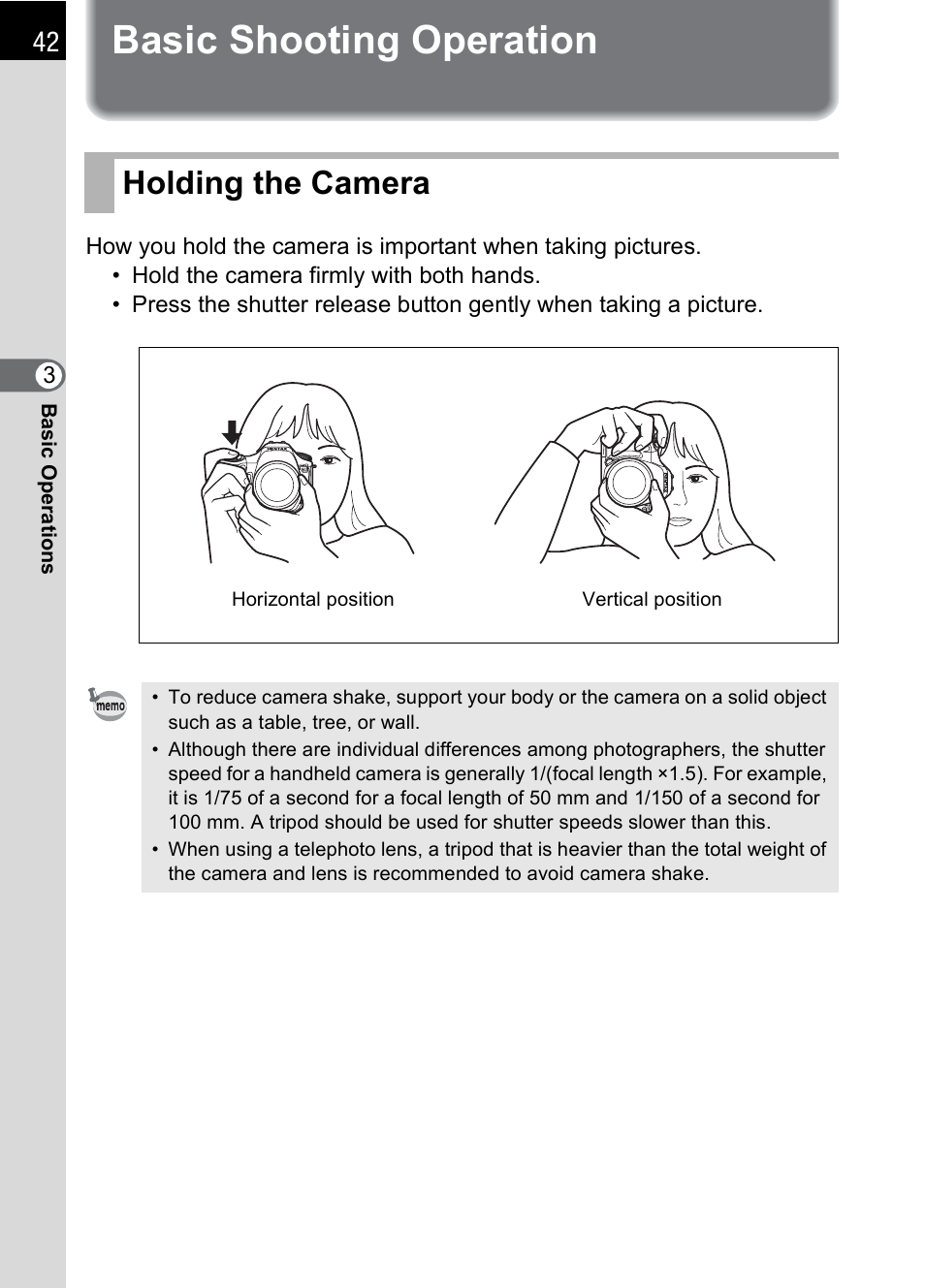 Basic shooting operation, Holding the camera | Pentax IST DS2 User Manual | Page 44 / 212