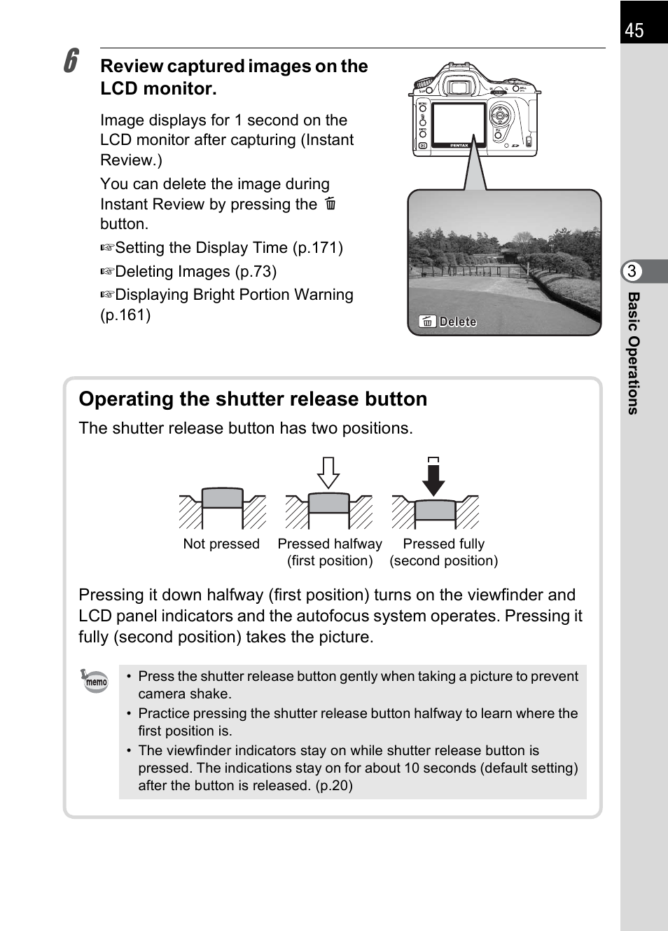 Operating the shutter release button, P.45), Review captured images on the lcd monitor | Pentax IST DS2 User Manual | Page 47 / 212