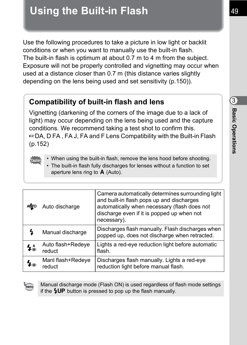 Using the built-in flash, P.49), Using the built-in flash (p.49) | Compatibility of built-in flash and lens | Pentax IST DS2 User Manual | Page 51 / 212