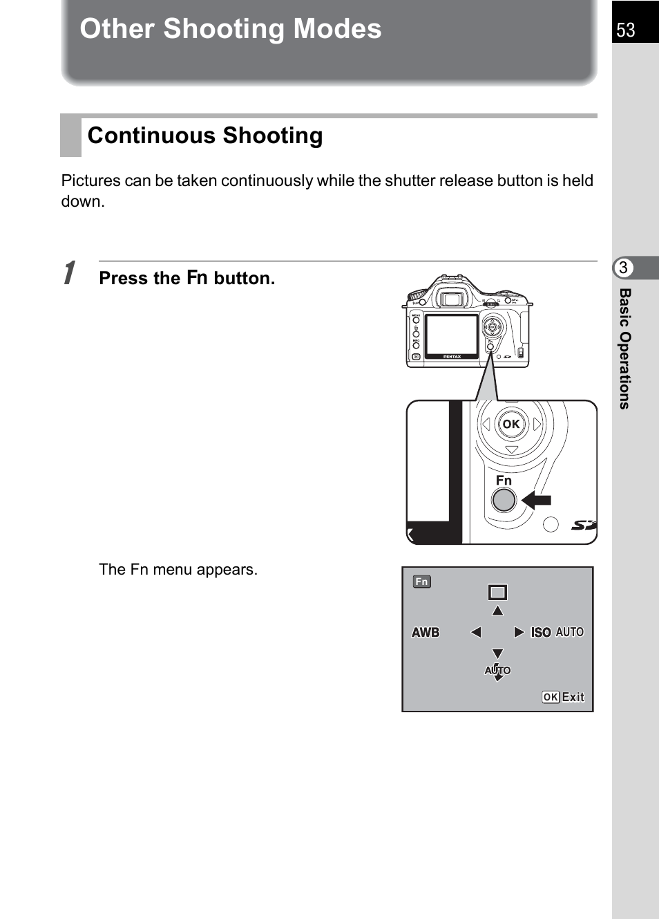 Other shooting modes, Continuous shooting | Pentax IST DS2 User Manual | Page 55 / 212