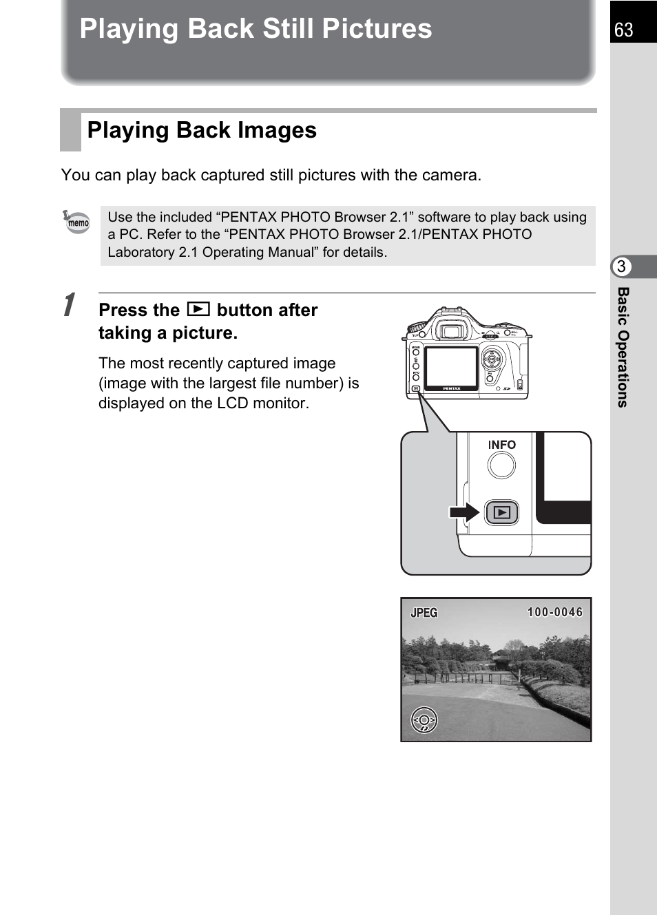 Playing back still pictures, Playing back images | Pentax IST DS2 User Manual | Page 65 / 212