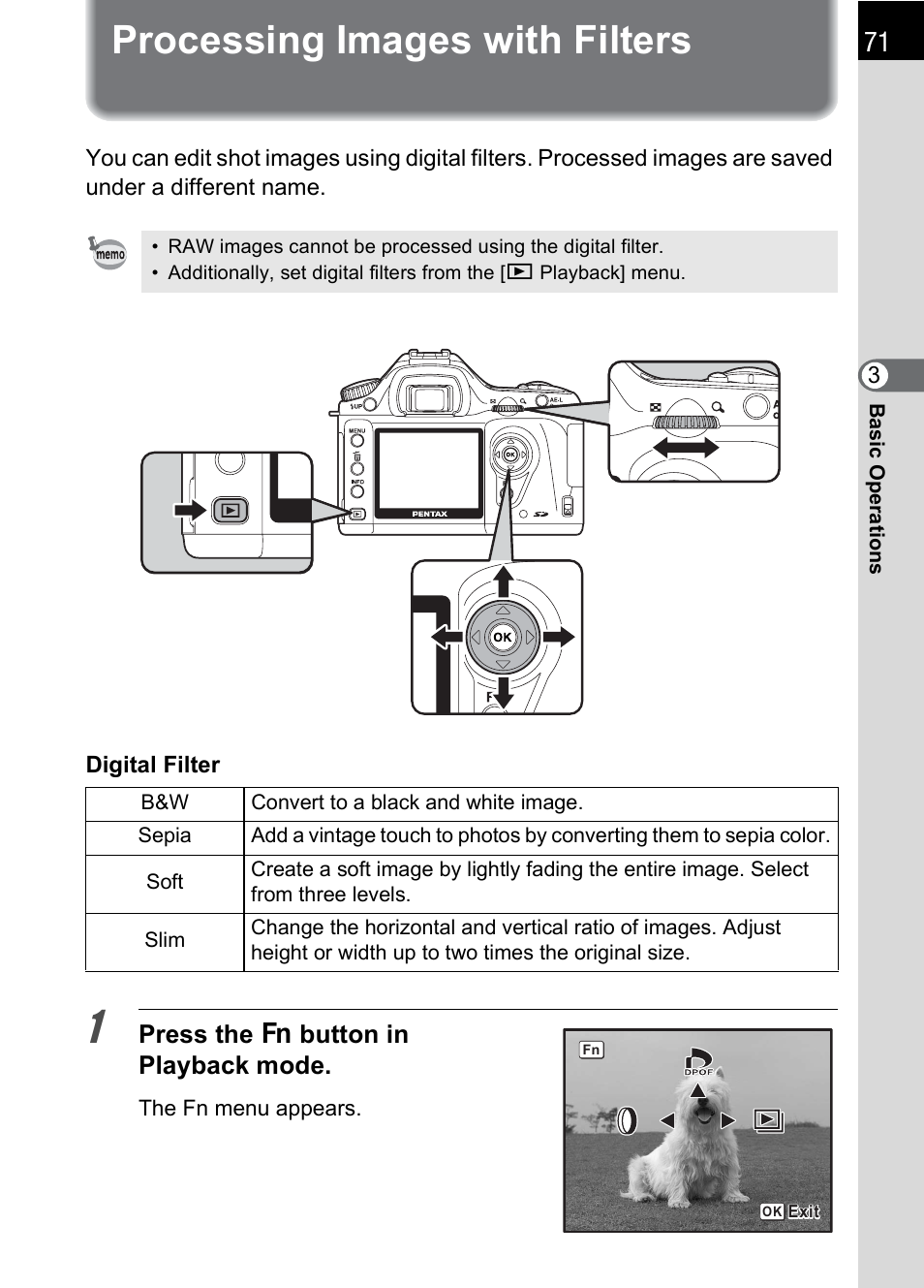 Processing images with filters, Press the { button in playback mode | Pentax IST DS2 User Manual | Page 73 / 212
