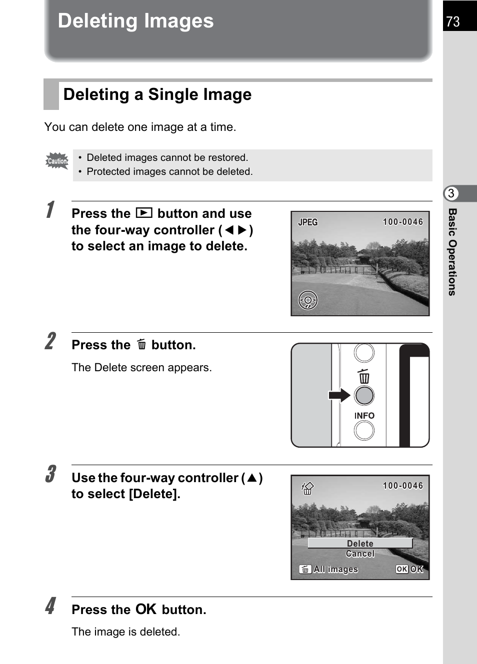 Deleting images, Deleting a single image, Deleting images (p.73) | Pentax IST DS2 User Manual | Page 75 / 212