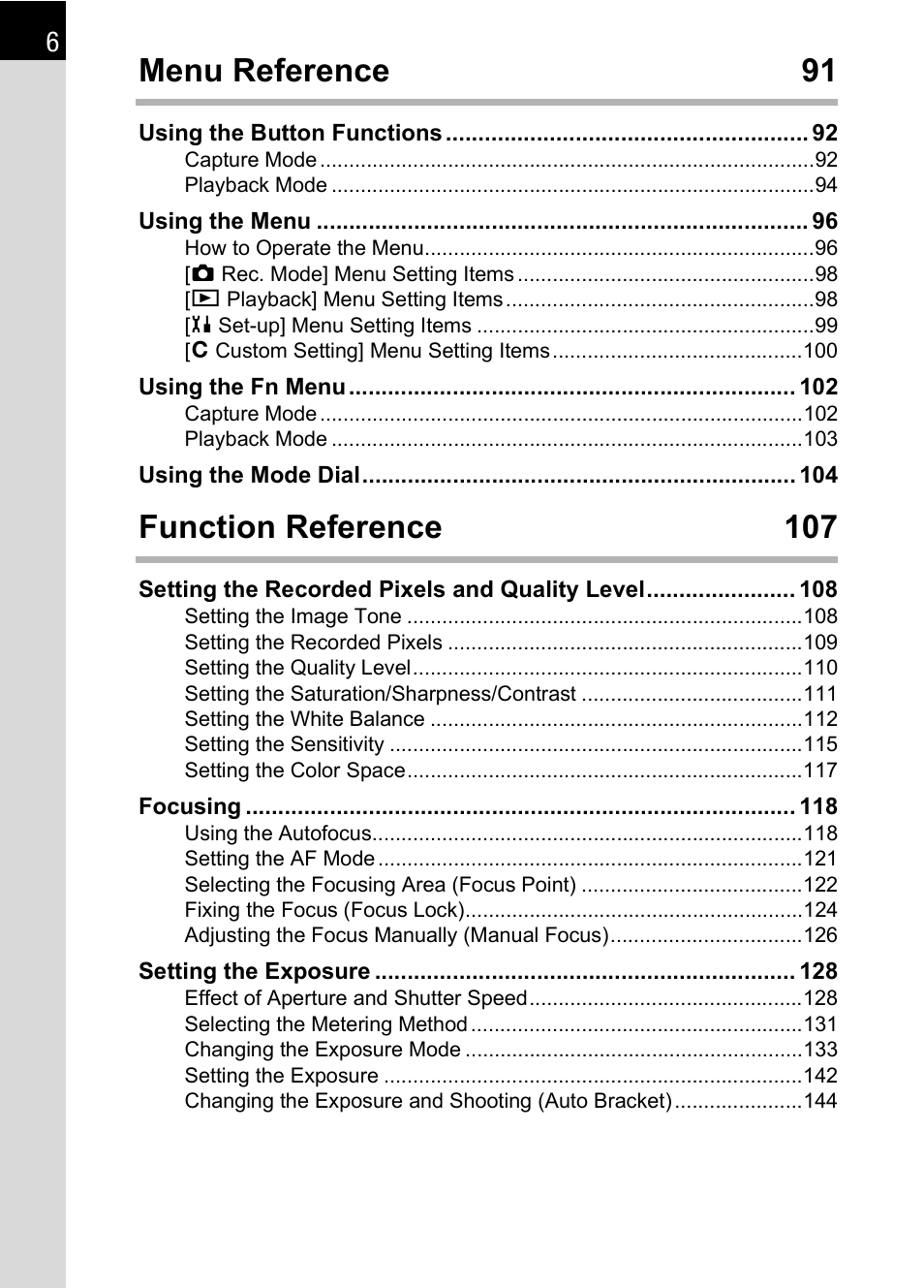 Menu reference 91, Function reference 107 | Pentax IST DS2 User Manual | Page 8 / 212