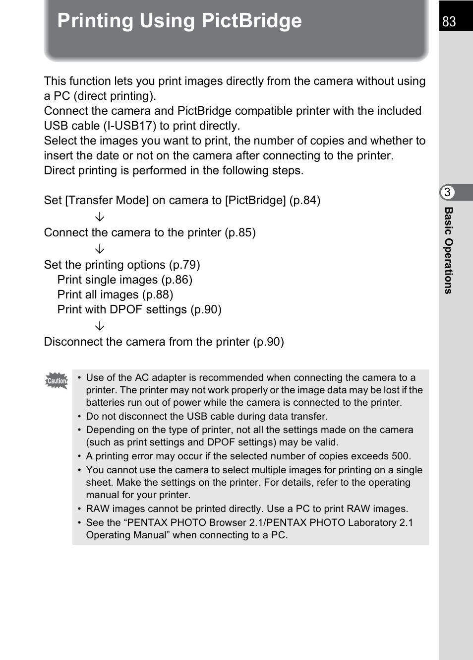 Printing using pictbridge | Pentax IST DS2 User Manual | Page 85 / 212