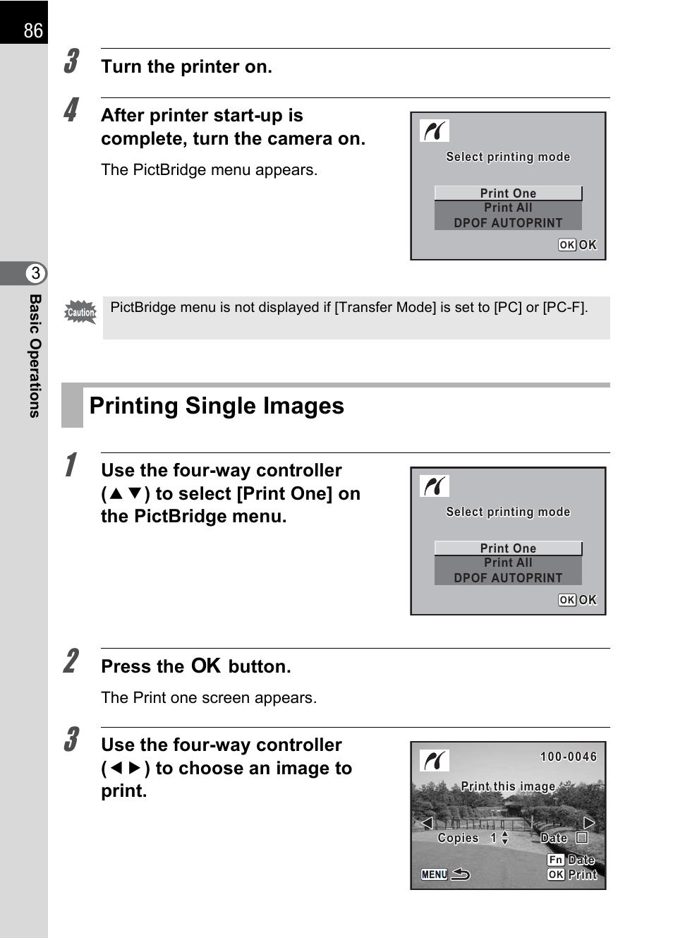 Printing single images, P.86), Turn the printer on | Press the 4 button | Pentax IST DS2 User Manual | Page 88 / 212