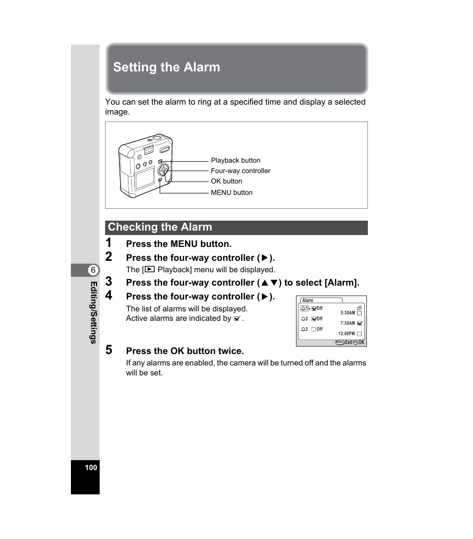 Setting the alarm, Checking the alarm, P.100 | Pentax 33WR User Manual | Page 102 / 116