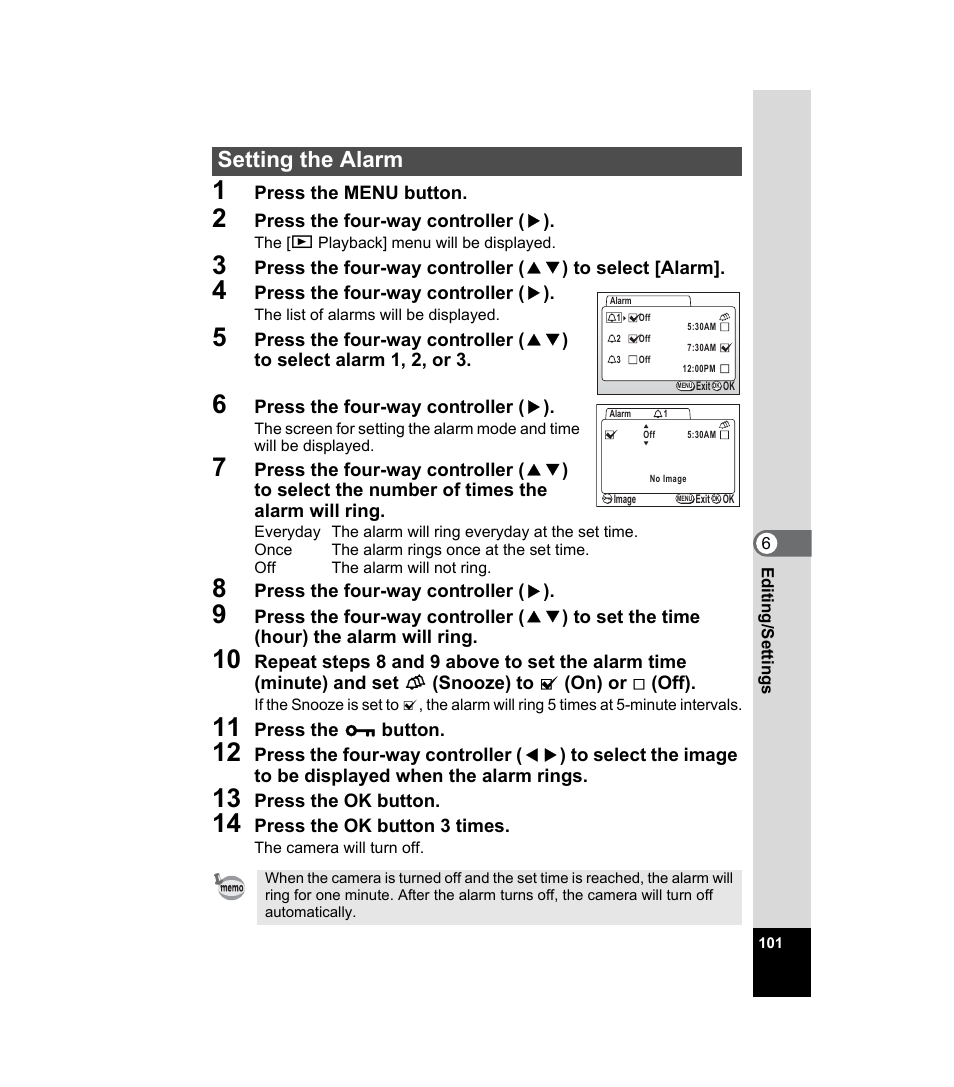 Setting the alarm | Pentax 33WR User Manual | Page 103 / 116