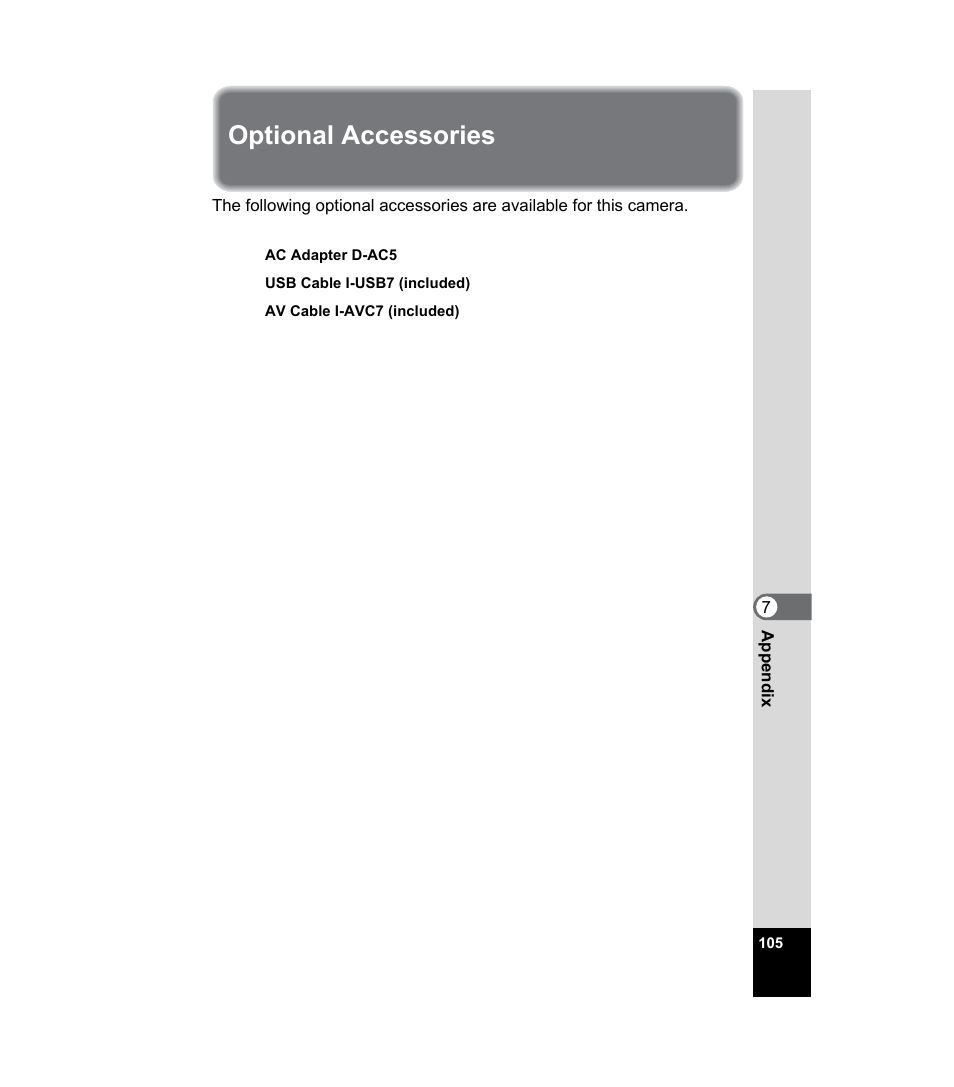 Optional accessories | Pentax 33WR User Manual | Page 107 / 116