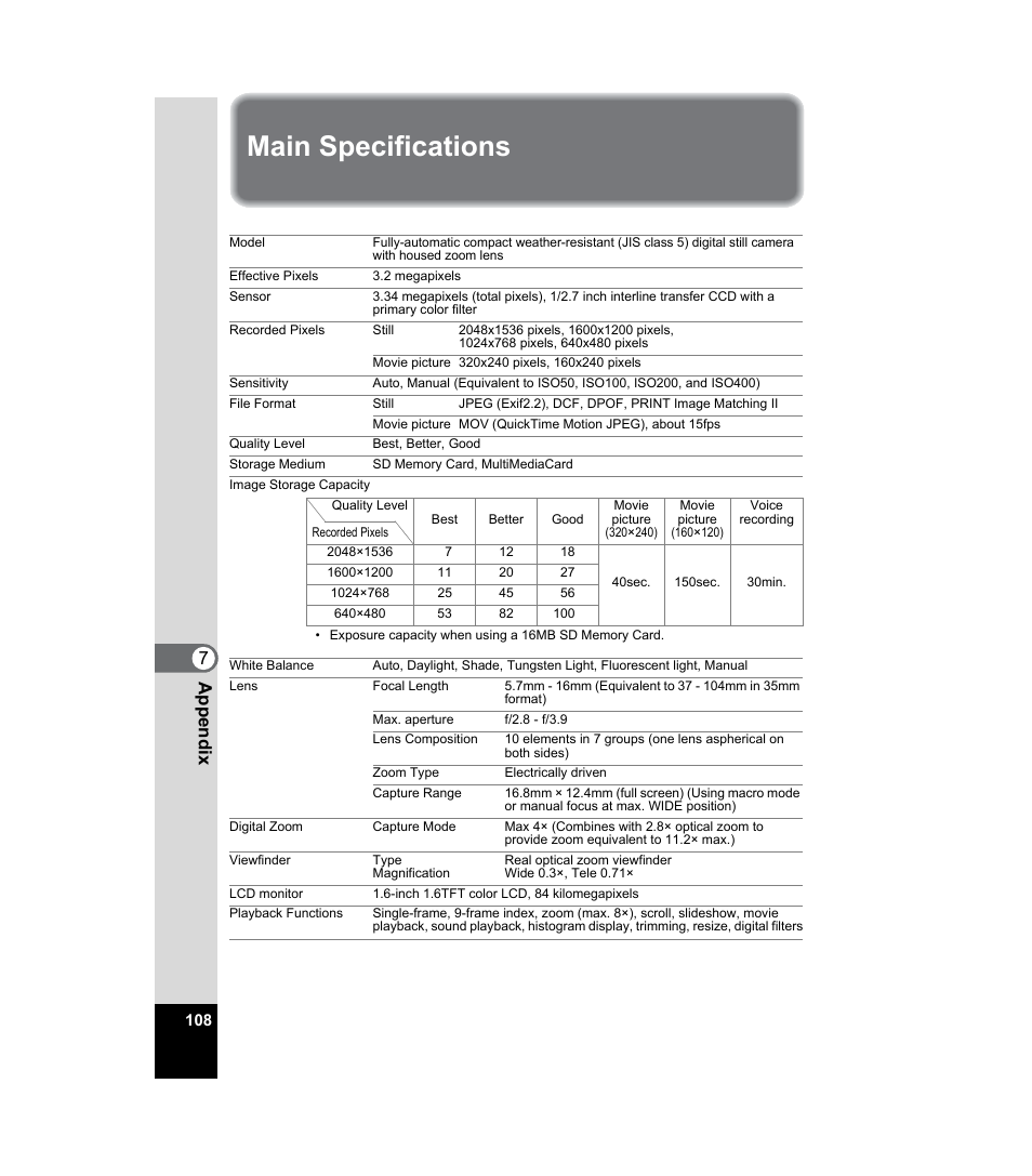 Main specifications, 7appendix | Pentax 33WR User Manual | Page 110 / 116