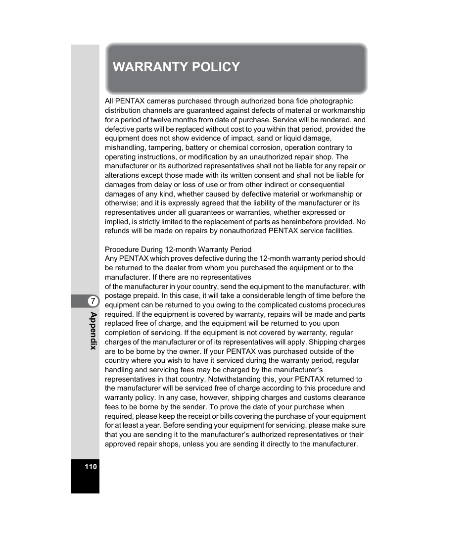 Warranty policy | Pentax 33WR User Manual | Page 112 / 116