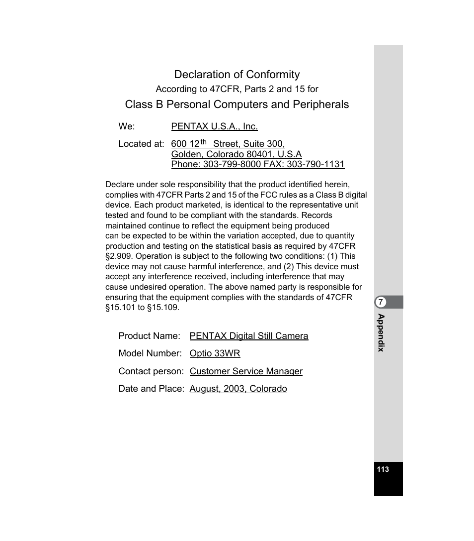 Declaration of conformity, Class b personal computers and peripherals | Pentax 33WR User Manual | Page 115 / 116