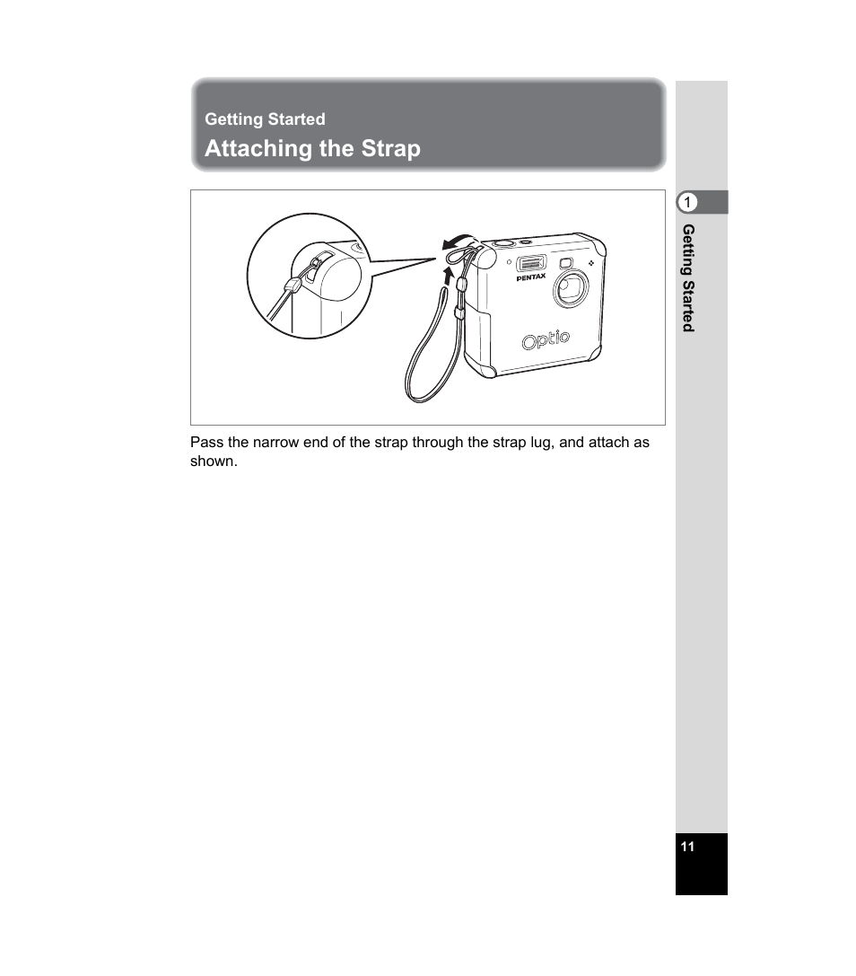 Getting started, Attaching the strap | Pentax 33WR User Manual | Page 13 / 116