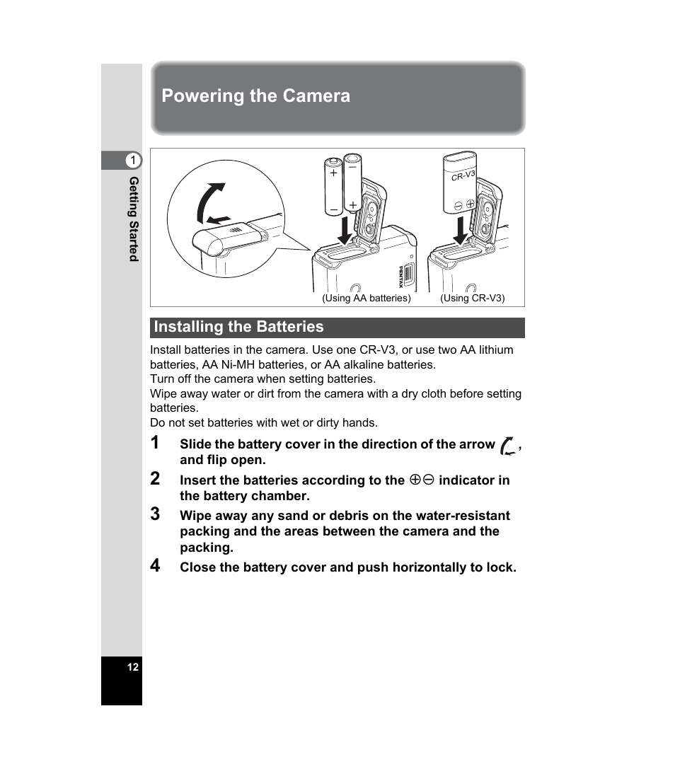 Powering the camera, Installing the batteries | Pentax 33WR User Manual | Page 14 / 116