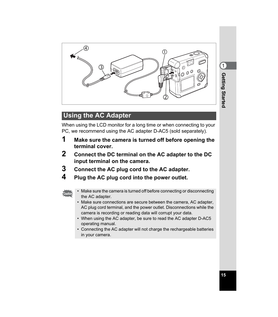 Using the ac adapter | Pentax 33WR User Manual | Page 17 / 116