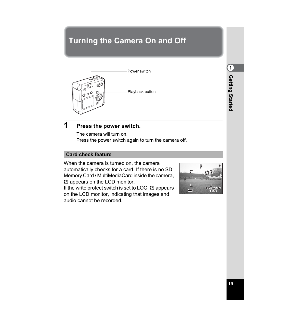 Turning the camera on and off, Turning the camera on and off 1 | Pentax 33WR User Manual | Page 21 / 116