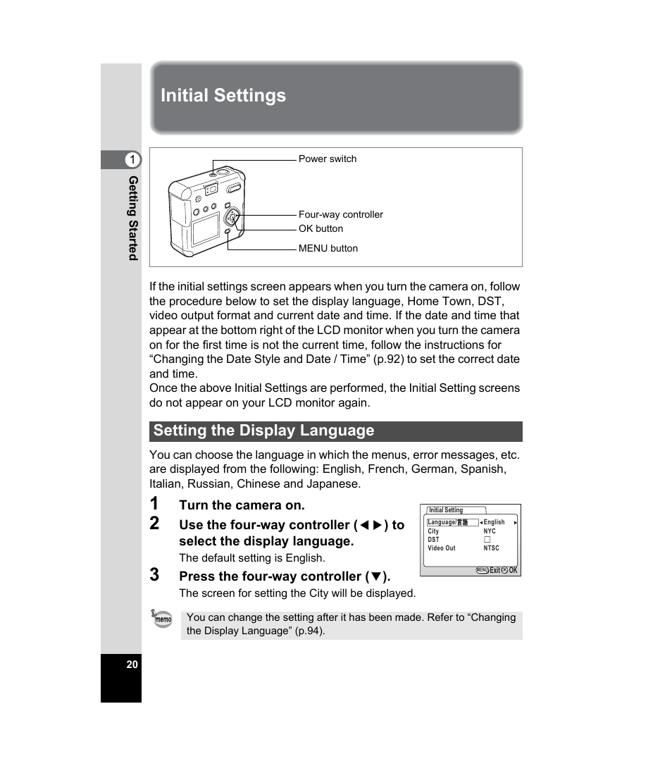 Initial settings, Setting the display language | Pentax 33WR User Manual | Page 22 / 116