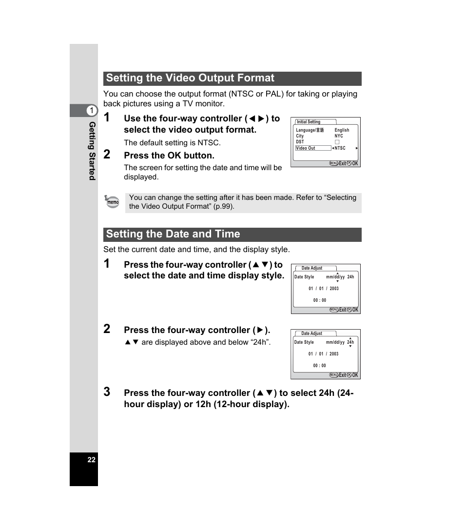 Setting the video output format, Setting the date and time, Press the ok button | Press the four-way controller ( 5 ) | Pentax 33WR User Manual | Page 24 / 116