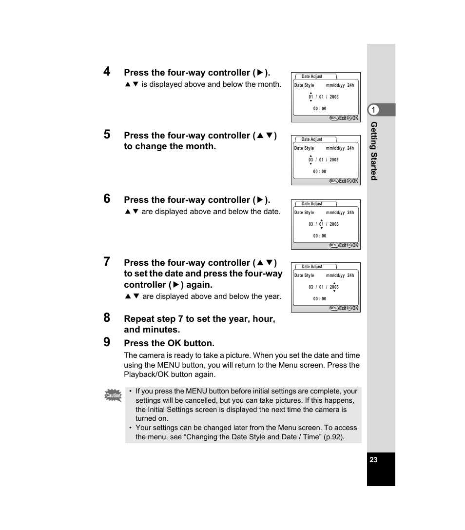 Press the four-way controller ( 5 ), Repeat step 7 to set the year, hour, and minutes, Press the ok button | Pentax 33WR User Manual | Page 25 / 116