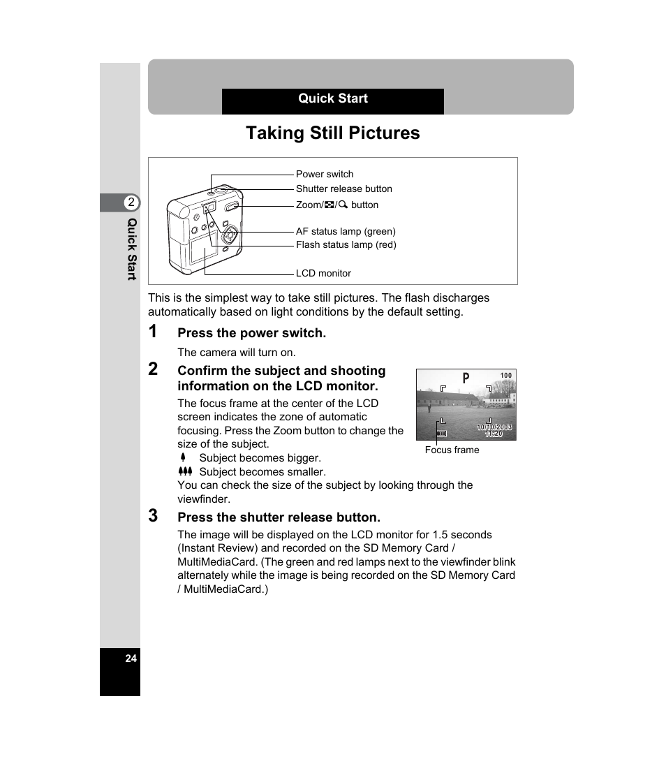 Quick start, Taking still pictures | Pentax 33WR User Manual | Page 26 / 116