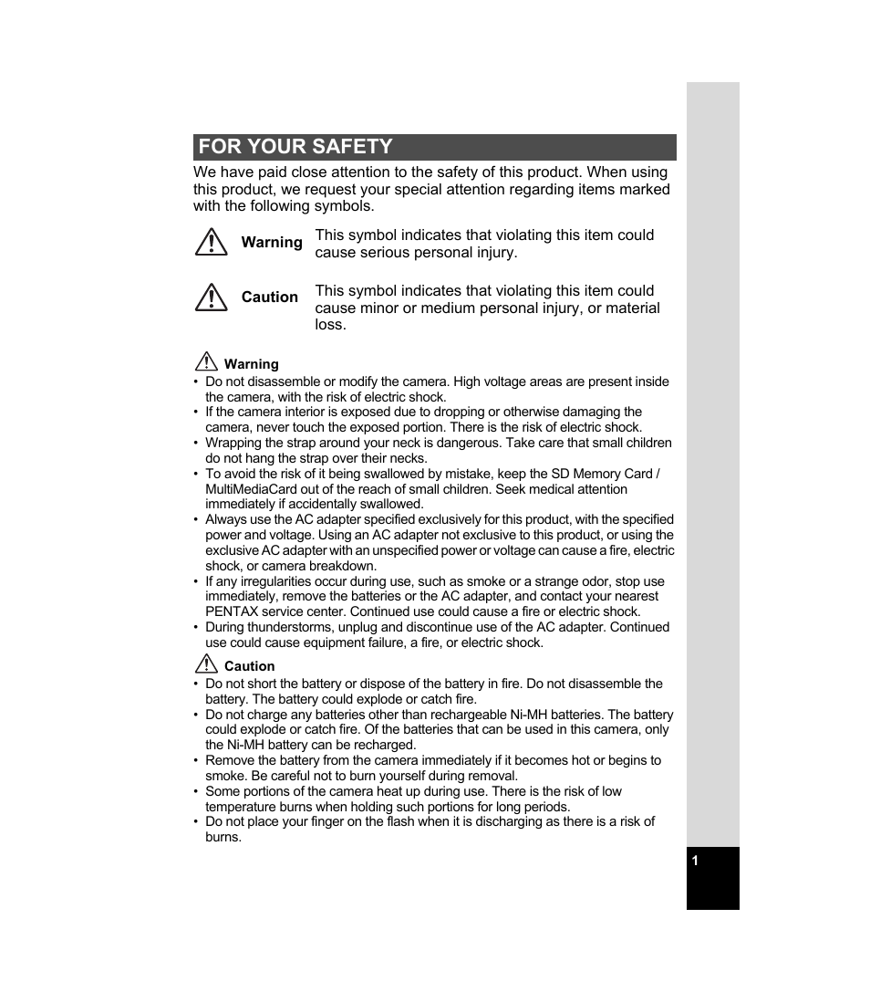 For your safety | Pentax 33WR User Manual | Page 3 / 116