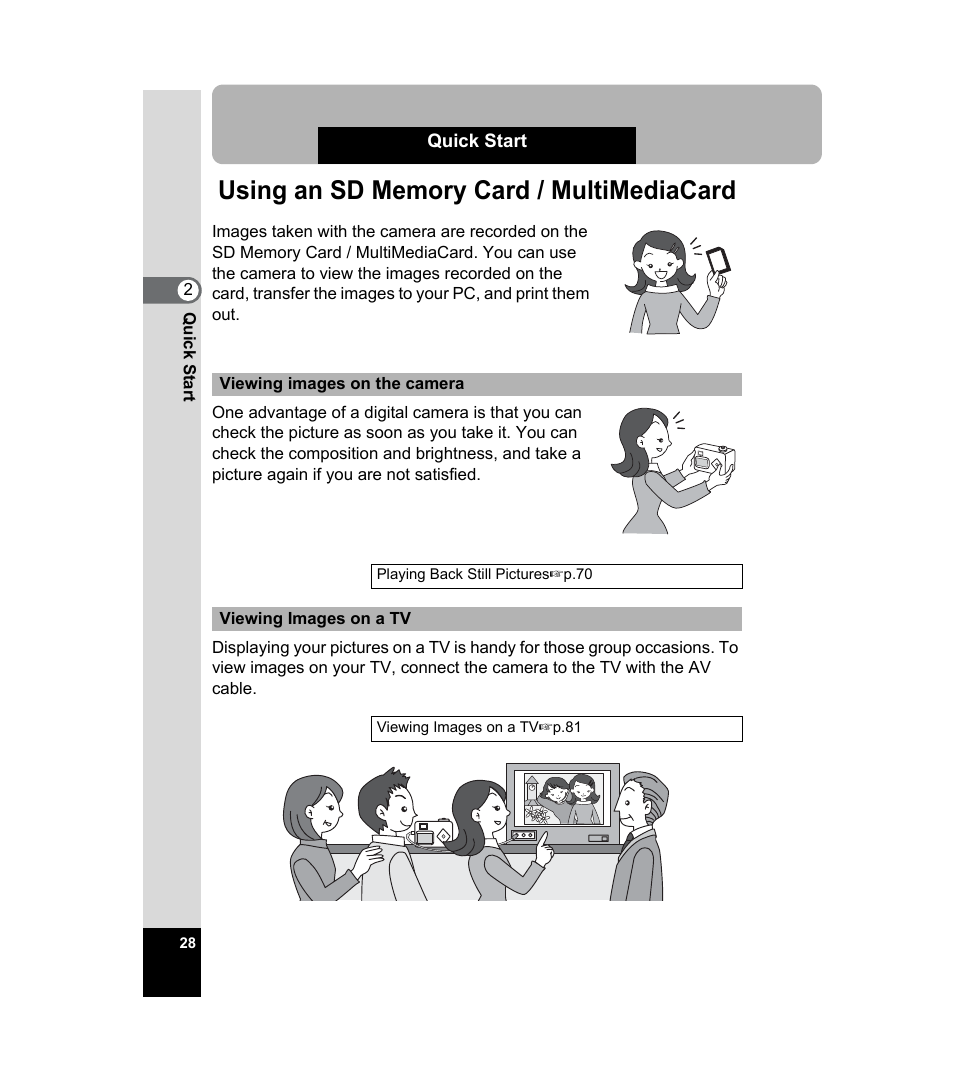 Using an sd memory card / multimediacard | Pentax 33WR User Manual | Page 30 / 116