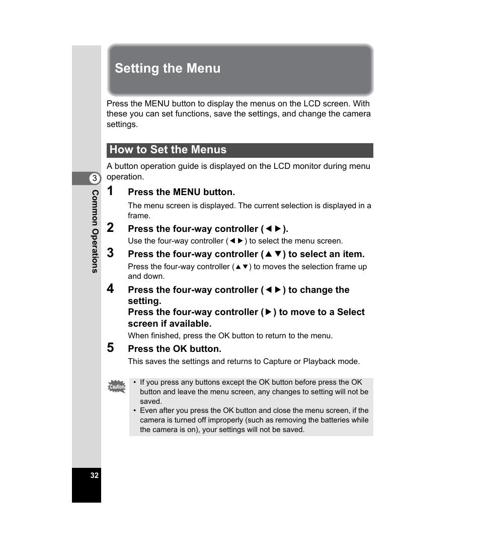 Setting the menu, How to set the menus, 1p.32) | Pentax 33WR User Manual | Page 34 / 116