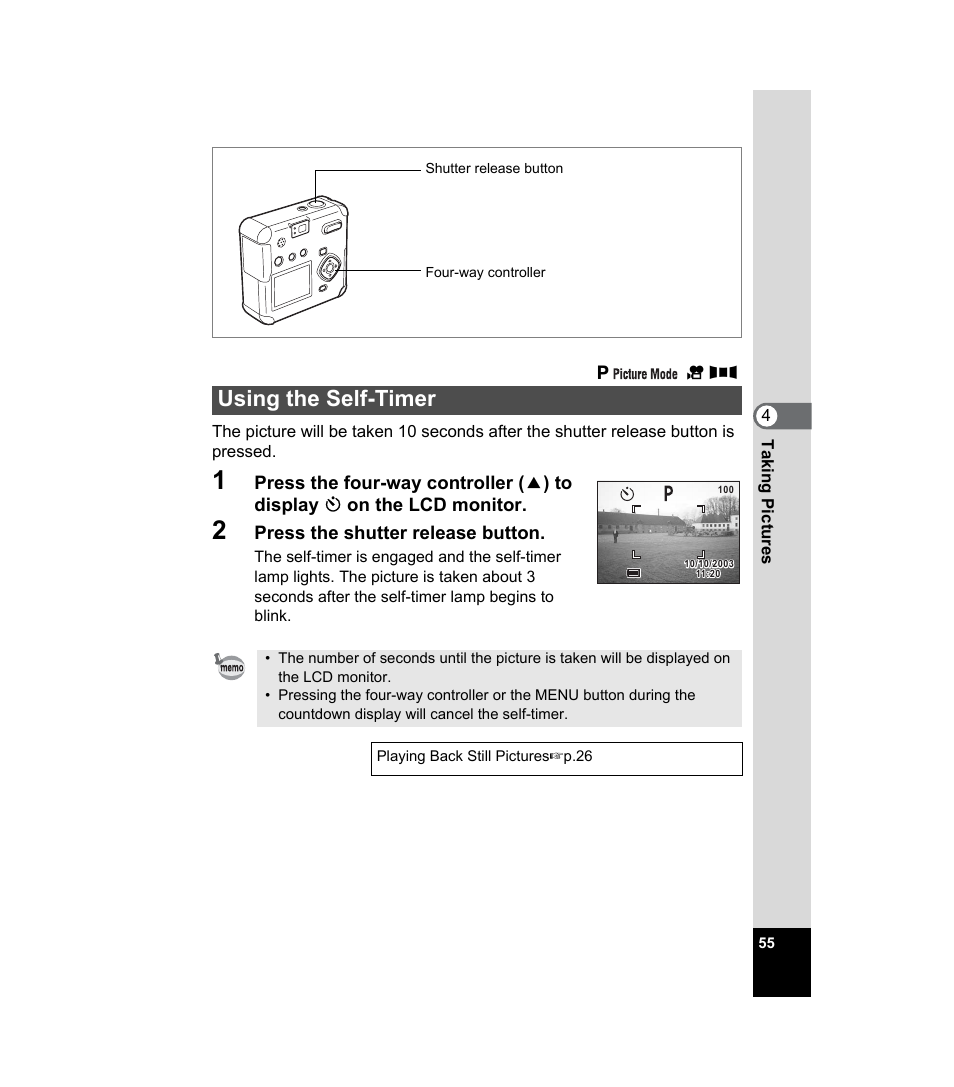 Using the self-timer | Pentax 33WR User Manual | Page 57 / 116