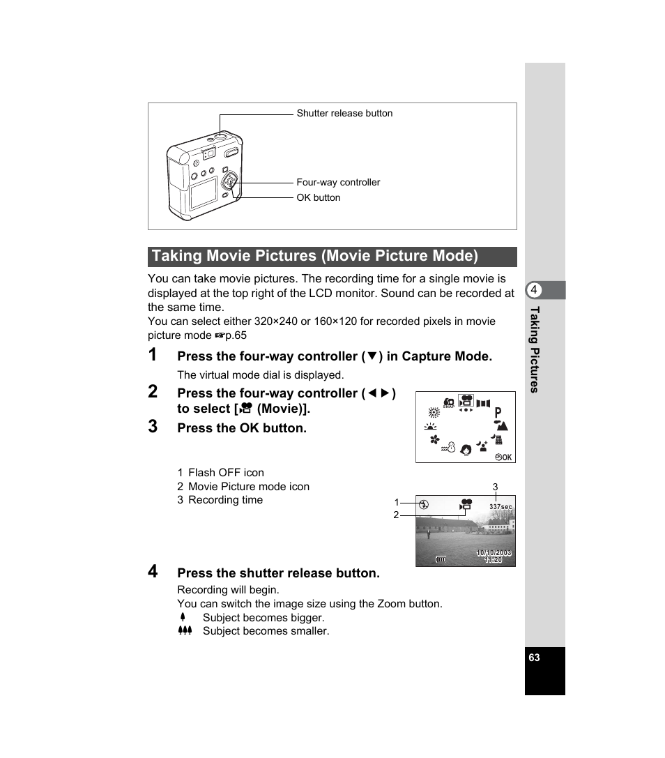 Taking movie pictures (movie picture mode), P.63 | Pentax 33WR User Manual | Page 65 / 116