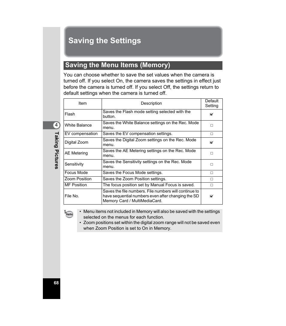 Saving the settings, Saving the menu items (memory), P.68 | Pentax 33WR User Manual | Page 70 / 116