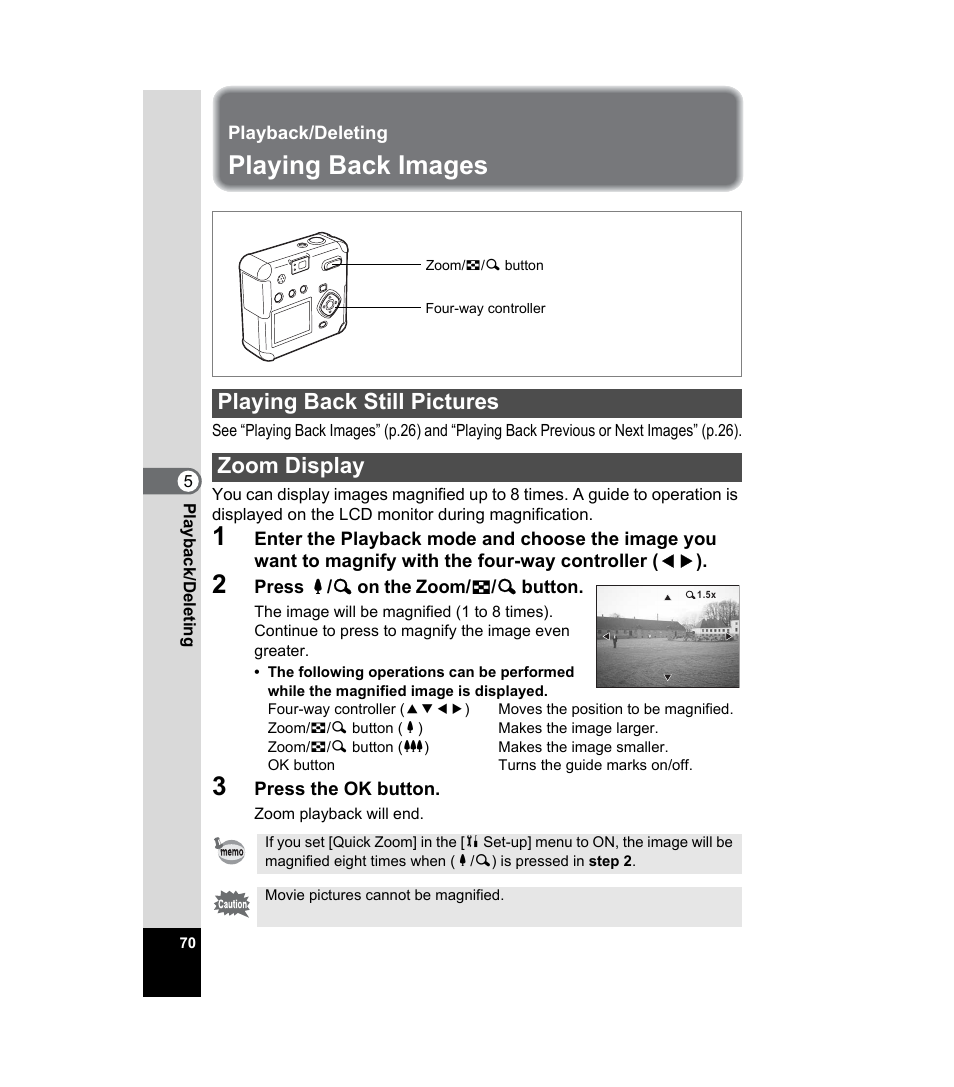 Playback/deleting, Playing back images, Playing back still pictures | Zoom display, 1p.70), P.70-71), P.70, Playing back still pictures zoom display | Pentax 33WR User Manual | Page 72 / 116