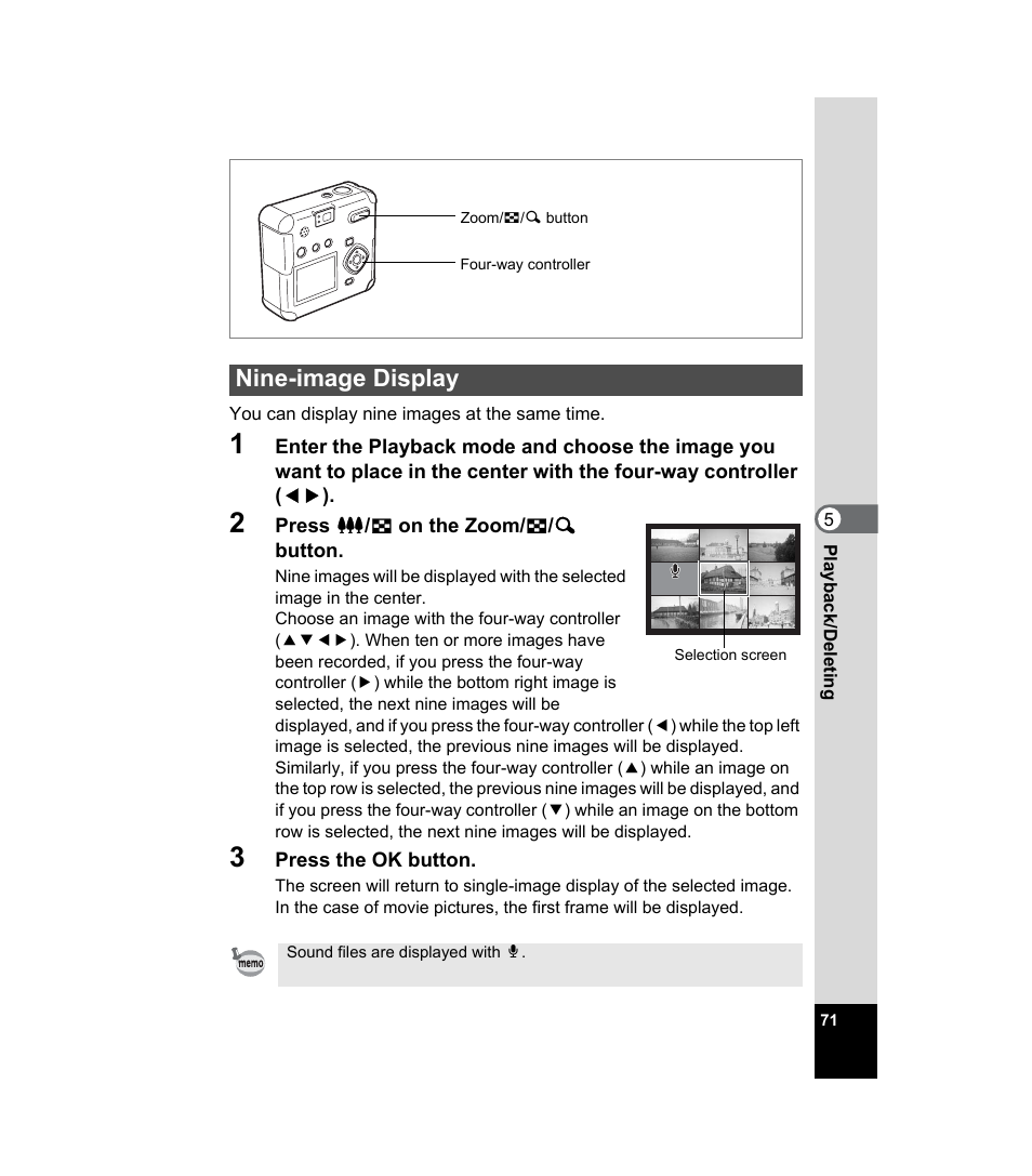 Nine-image display, P.71) | Pentax 33WR User Manual | Page 73 / 116