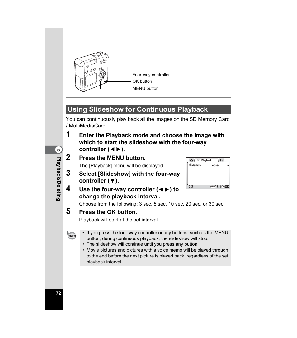 Using slideshow for continuous playback, P.72 | Pentax 33WR User Manual | Page 74 / 116