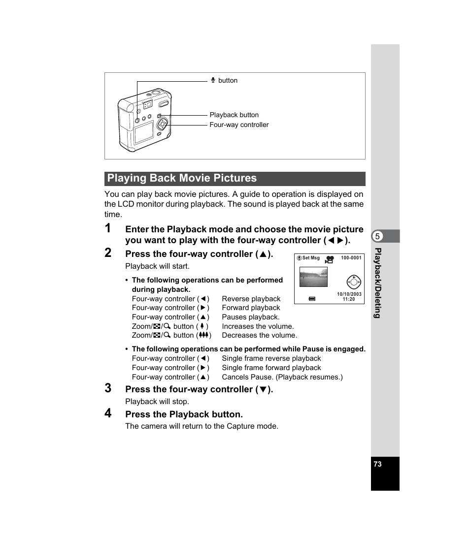 Playing back movie pictures | Pentax 33WR User Manual | Page 75 / 116