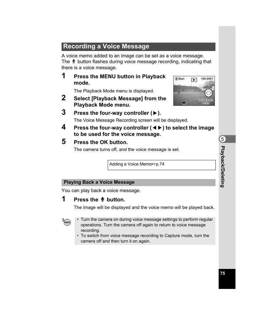 Recording a voice message, 1p.75), P.75 | Pentax 33WR User Manual | Page 77 / 116