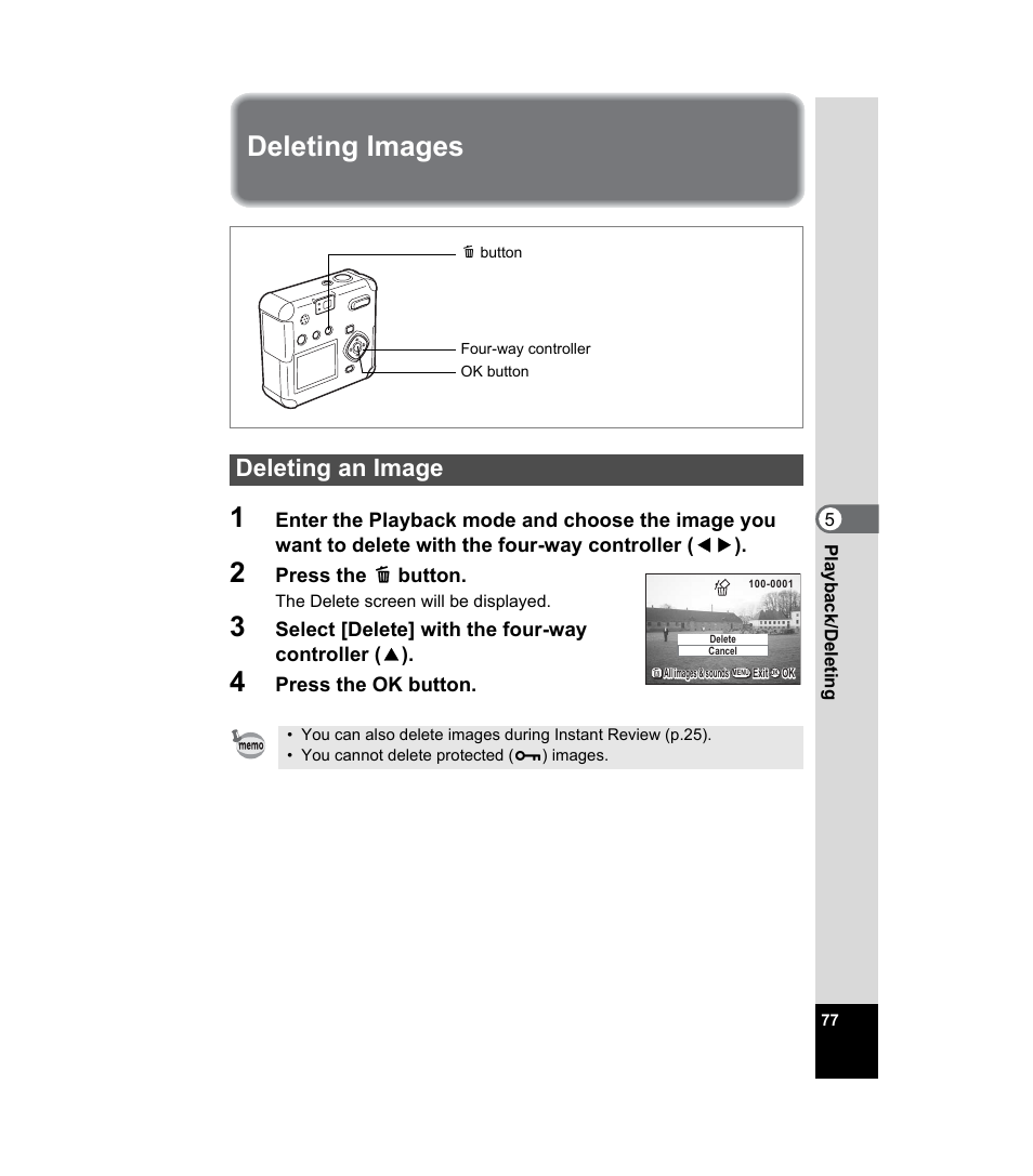 Deleting images, Deleting an image, P.77) | P.77, Deleting images 1 | Pentax 33WR User Manual | Page 79 / 116