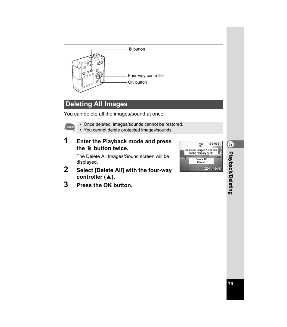 Deleting all images, Press the ok button | Pentax 33WR User Manual | Page 81 / 116